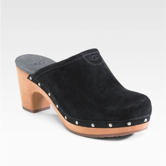 UGG Shoes - UGG® Abbie Black Suede Sheepskin Fur Lining Studded Clogs 7